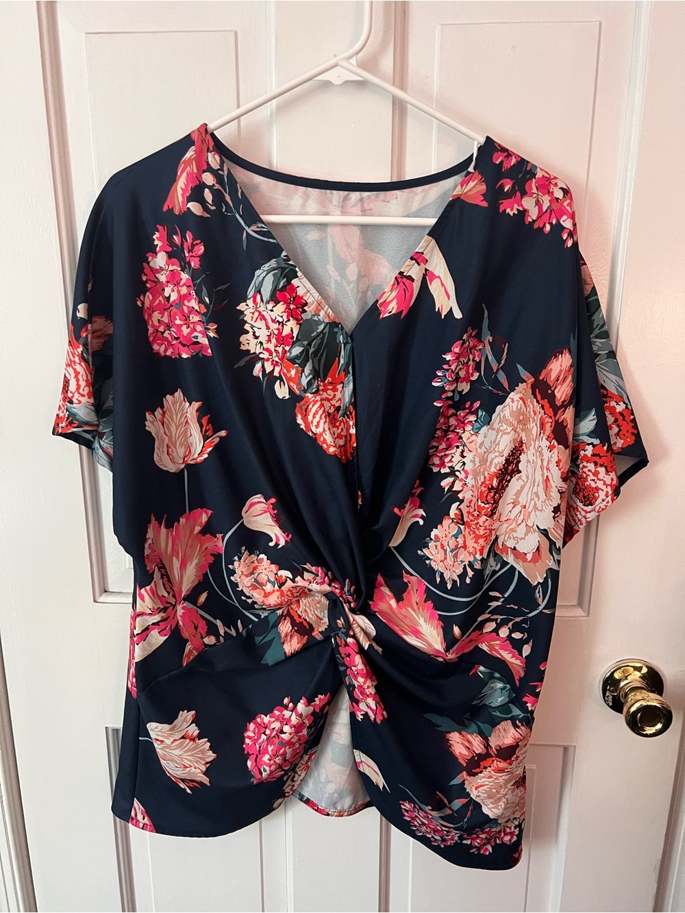 Floral Twist-Front Navy Blouse with Pink Blooms